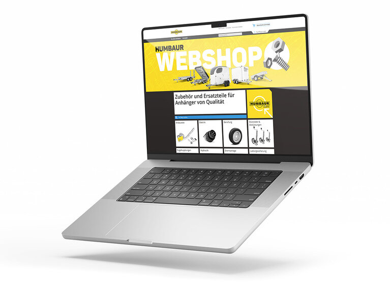 Laptop, auf dem die Startseite des Humbaur Ersatzteil-Webshops geöffnet ist | © Humbaur GmbH