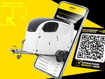 Humbaur horse trailer in front of the screen of a smartphone and a QR code | © Humbaur GmbH