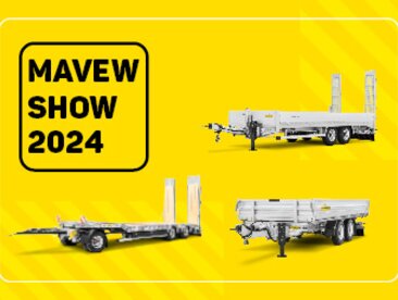 Drei Humbaur Schwerlastanhänger auf gelbem Hintergrund als Ankündigung zur Mavew Show 2024 | © Humbaur GmbH
