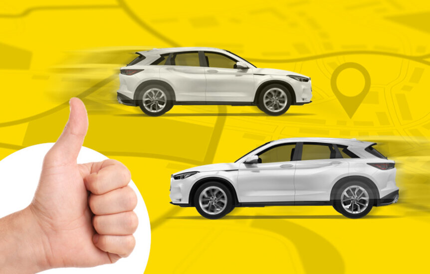  Hand mit Daumen nach oben, daneben zwei Autos in entgegengesetzter Fahrtrichtung auf gelbem Hintergrund | © Humbaur GmbH