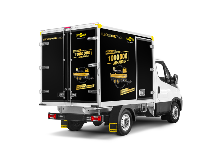 Humbaur FlexBox box body on vehicle in black with lettering | © Humbaur GmbH